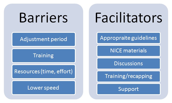 The barriers and facilitators pertinent to the adoption of the guidelines.