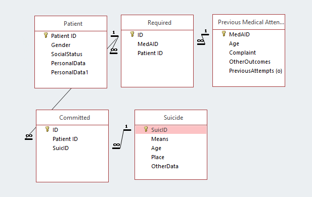 The model for the proposed database on adolescent suicide in MS Access.