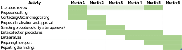 Activities and their duration; an approximate timeline for the project.