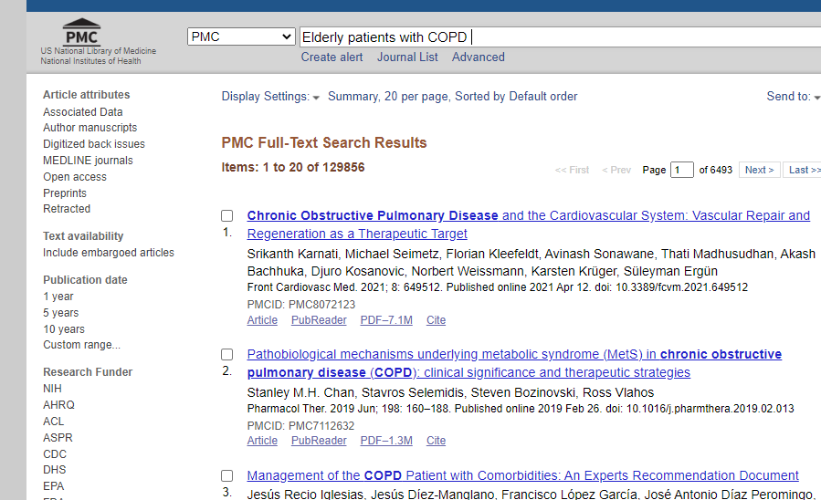 Screenshot of searching criteria